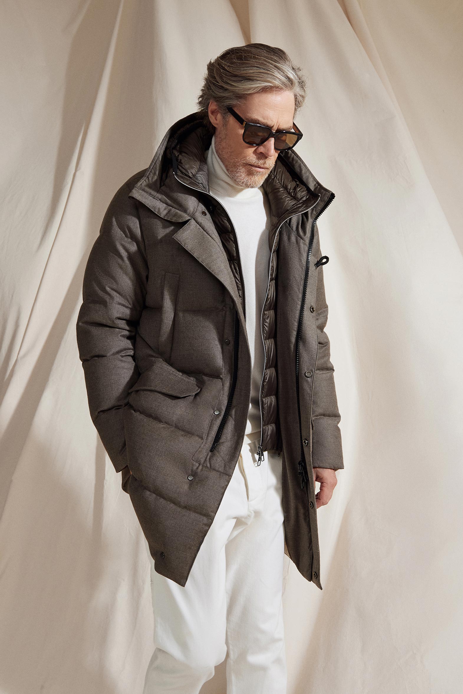 Men's dove-grey elegant winter parka jacket made from Loro Piano wool and  silk rendered – Montecore